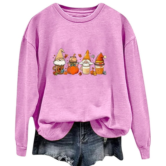 DianGeFu Sweatshirts for Women Round Neck Print Long Sleeve Hoodless Tops Thanksgiving Trendy Fashion Casual(Pink,M)