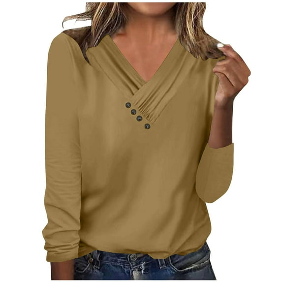 DianGeFu Tops for Plus Size Women At Fall Clearance Prices,Fashion Women's Long Sleeve Summer V Neck Sexy Casual Tops Botton Regular Blouses Tops,Khaki,XXL