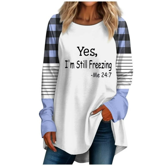 DianGeFu Winter 2024 Plus Size Womens Cardigans with Seasonal Discounts,Fashion Women Casual Long Sleeve Printing Round Neck Loose T-Shirt Blouse Tops,Blue,XL