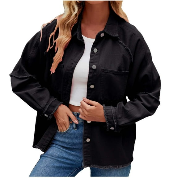 DianGeFu Women's Denim Jackets Plus Size Cropped 2026 Autumn Winter ,Women's Tassel Solid Long Sleeve Pocket Denim Coat Top,Black,S