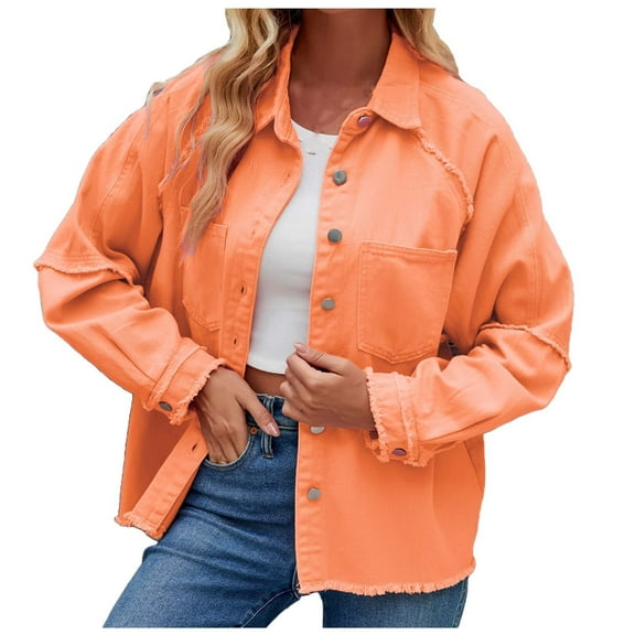 DianGeFu Women's Denim Jackets Plus Size Cropped 2026 Autumn Winter ,Women's Tassel Solid Long Sleeve Pocket Denim Coat Top,Orange,L