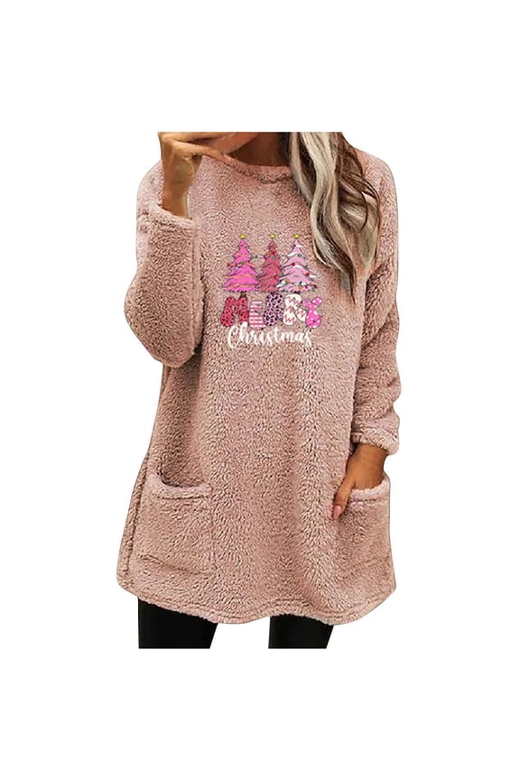 DianGeFu Women's Oversized Sweater Coats for Fall Plus Size,Women's Round- Neck And Winter Loose Print Pocket Warm Long Sleeve Blouse Tops,Pink,S