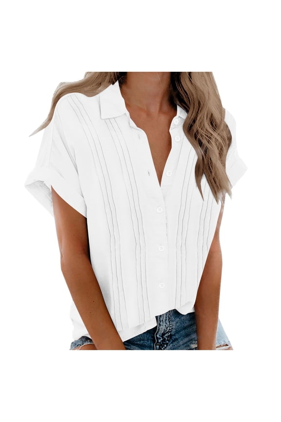 Women’s Plus Size Short-Sleeve Button-Front Camp Shirt,Fashion Woman Causal Button Solid Blouse Short Sleeve T-Shirt Summer Tops,White,XXXL