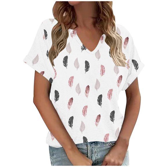 DianGeFu Women's Tops Plus Size V Neck under $10 for 2024,Women's Casual Plaid V-neck Short Sleeved T-shirt Loose Top,White,L