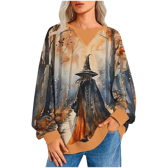 DianGeFu Womens 2024 Halloween Fashion Casual Print Long Sleeve Round Neck Hoodless Sweatshirt Tops(Gray,XXL)