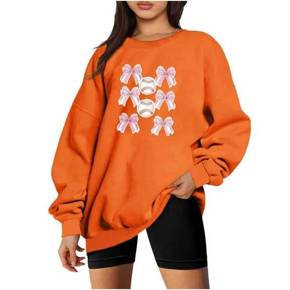 DianGeFu Womens Hoodies Fashion Print Loose Long Sleeve Blouse Round Neck Hoodless Sweatshirts 2025 Fall/Winter (Orange,XXL)