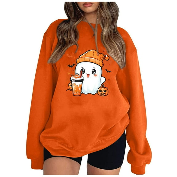 DianGeFu Womens Hoodies Pullover Plus Size Loose Long Sleeve Blouse Round Neck Sweatshirts for 2024 Halloween Fashion Casual(Orange,XXL)