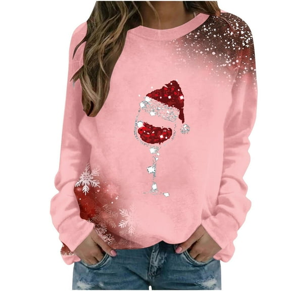 DianGeFu Womens Hoodies Pullover Plus Size Print Round Neck Loose Long Sleeve for 2024 Christmas Fashion(Pink,L)