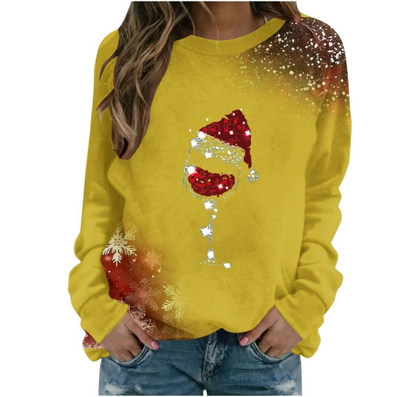 DianGeFu Womens Hoodies Pullover Plus Size Print Round Neck Loose Long Sleeve for 2024 Christmas Fashion(Yellow,S)