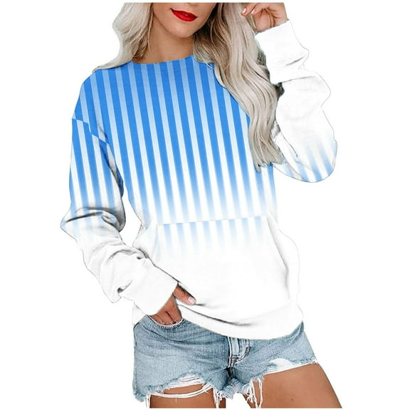 DianGeFu Womens Hoodies PulloverStripe Print Round Neck Loose Fit Long Sleeve Tops Up to 60% off(Blue,S)