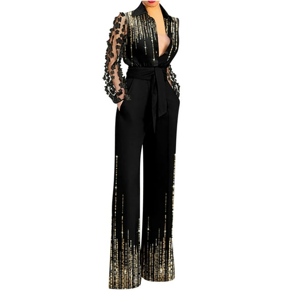 DianGeFu Womens Jumpsuits Casual Dressy 2024 Jumpers Outfits,Woman Fashion Pockets Solid Color Splice Long Sleeve Jumpsuit Long Pants,Gold,XL
