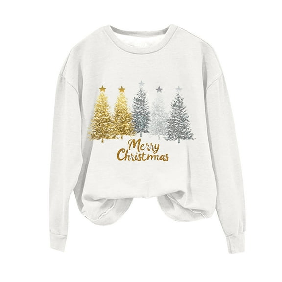 DianGeFu Womens Sweatshirts Print Long Sleeve Round Neck for 2025 Christmas (White,S)