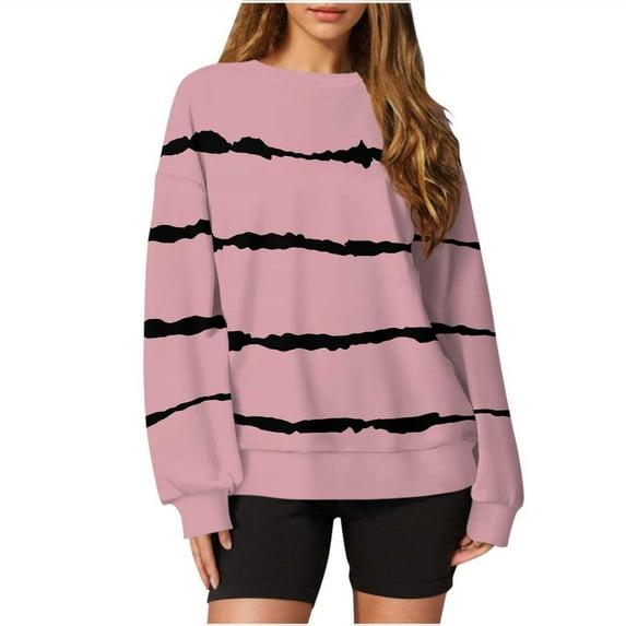 DianGeFu Womens Sweatshirts Stripe Print Round Neck Loose Fit Long Sleeve for Fall Plus Size(Pink,M)