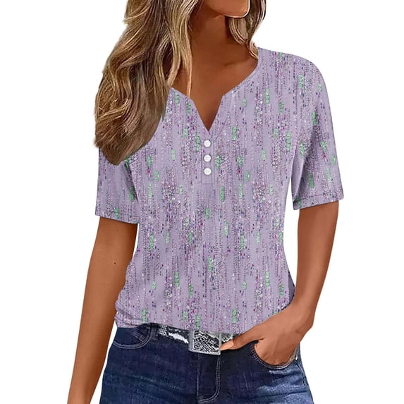 DianGeFu Womens Tops under $10 V-Neck Deals,Women's Fashion Printed Short Sleeves Blouse Round Neck Casual Tops,Purple,S