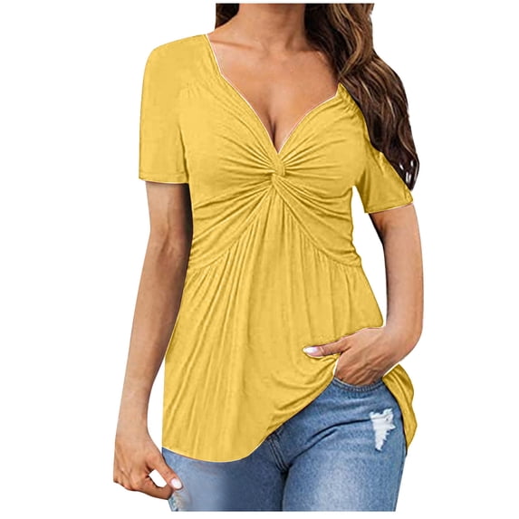 DianGeFu Womens Tops Dressy Casual Sexy,Women's Casual V-neck Bow Sexy Short-sleeved T-shirt Top,Yellow,XXL