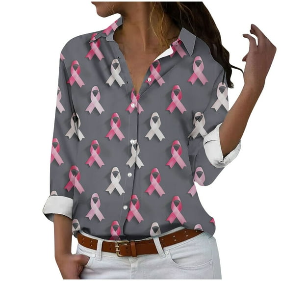 DianGeFu Womens Tops Long Sleeve Plus Size 2024 Clearance,Women's Long Sleeved Regular Casual Orange Series Printed Lapel Button Up Shirt,Gray,XL