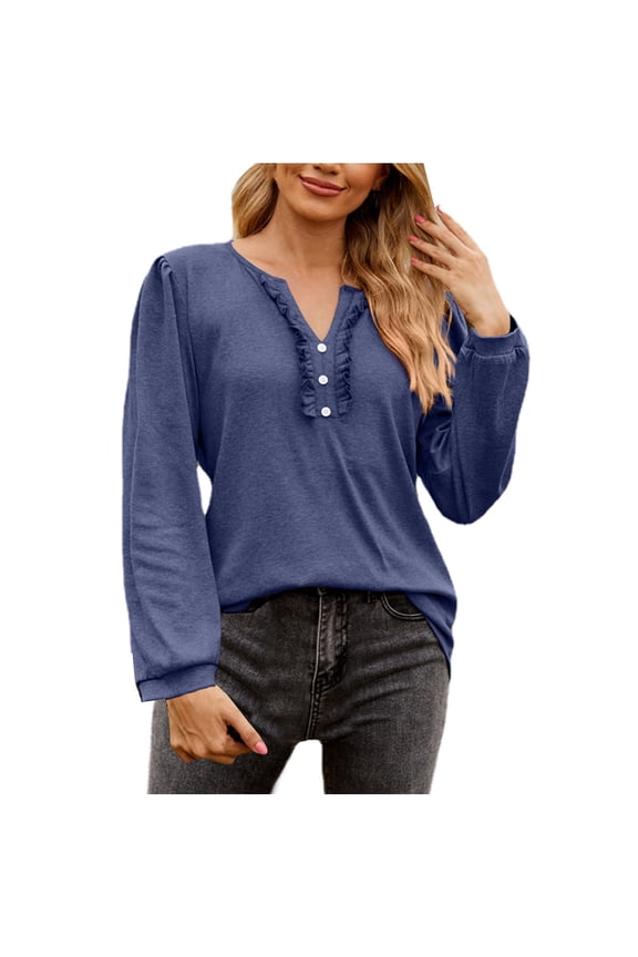 Womens Tops Plus Size $15,Women's Fashion Solid Color V-neck Button Selvedge Long Sleeve T-shirt,Navy,M