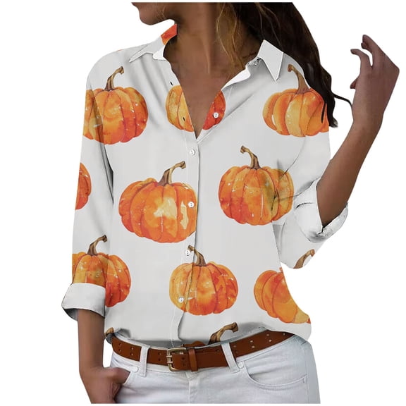 DianGeFu Womens Tops Plus Size T-Shirts Lace Pleated Tunic Long Sleeve Shirts $15 Lapel,Women's Halloween Long Sleeved Regular Casual Orange Series Printed Lapel Button Up Shirt,Yellow,XL