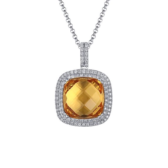 Diana M 14Kt White Gold Citrine Diamond Halo Pendant
