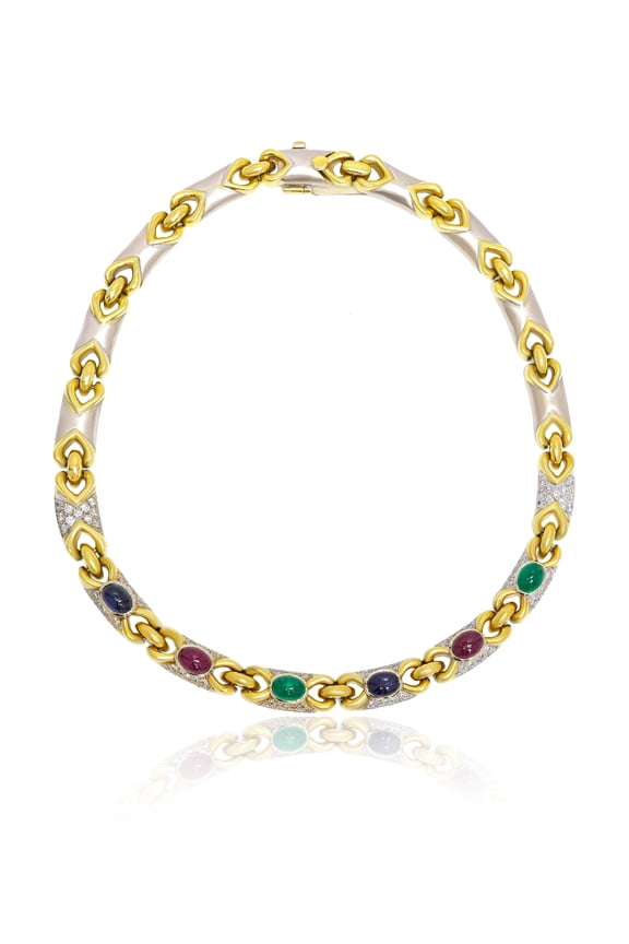 18 Kt Two Tone Multi-stone Necklace Featuring 11.00 Cts Diamonds, 12.00 Cts Cabochon Emeralds, Rubies, and Sapphires