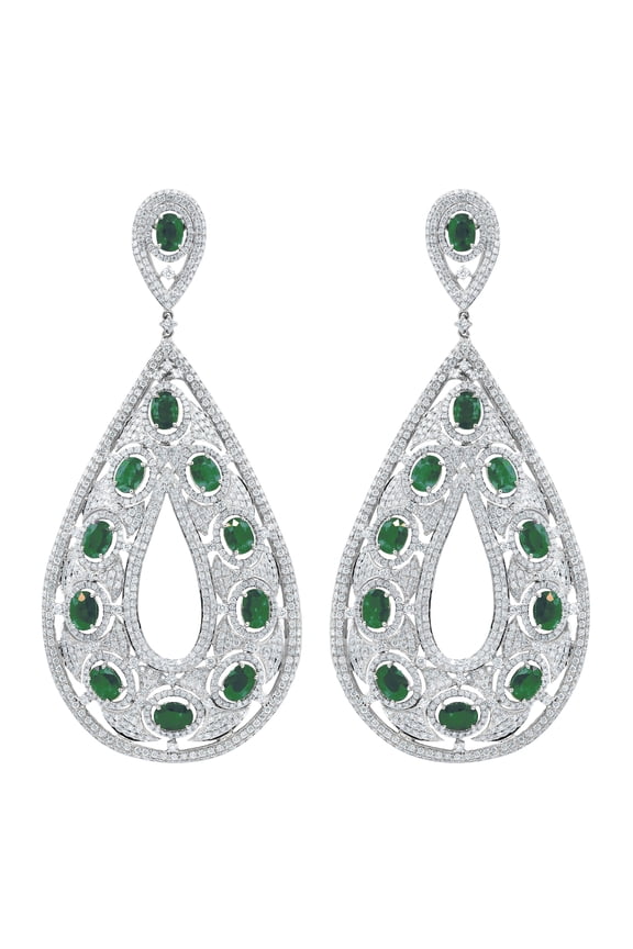 18 Kt White Gold Diamond Tear Drop Shaped Earring Adorned With 16.37 Cts Tw Of Oval Cut Emeralds Surrounded By 14.80 Cts Tw Of Round Diamonds