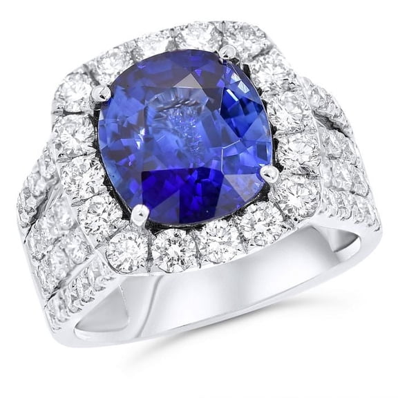 Diana M 18 Kt White Gold Sapphire Diamond Ring Featuring A 6.24 Ct Sri Lanka Natural Cushion Cut (Report Cdc#1801445) With 2.56 Cts Tw Of Diamonds Around (C.Dunaigre Certified-10.29 Gm, 91 Stones)