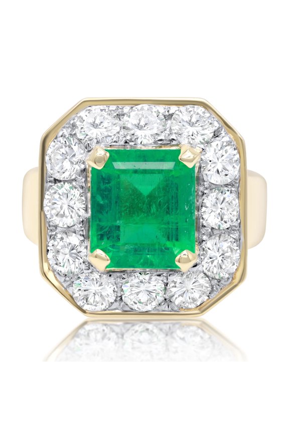 18 Kt Yellow Gold Emerald And Diamond Ring Featuring A Center 3.70 Ct Emerald Surrounded By 2.40 Cts Tw Of Round Diamonds