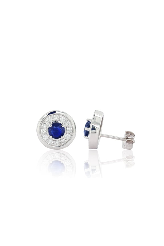 18Kt White Gold 0.75 Cts Sapphire Center And 0.20 Cts Diamond Halo Stud Earrings (Fg Si)