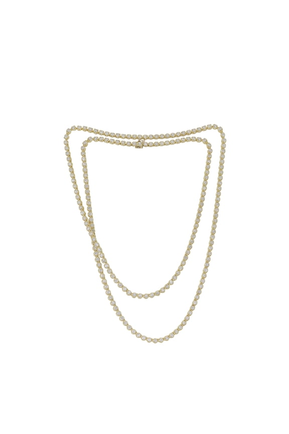 Custom 18K Yellow Gold Long 4 Prong Diamond Riviera Necklace 20.37 Cts Diamonds 197 Stones 0.10 Each. Color Fg Si Clarity. Excellent Cut