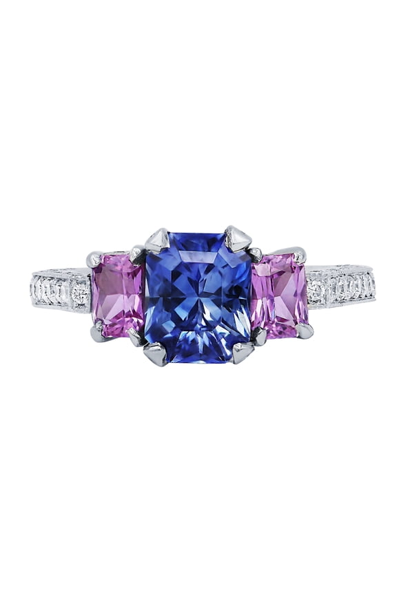 Platinum 0.72 Cts Pink Sapphire and 1.00 Cts Diamond Ring with Center 1.84 Ct Cushion Cut Blue Sapphire