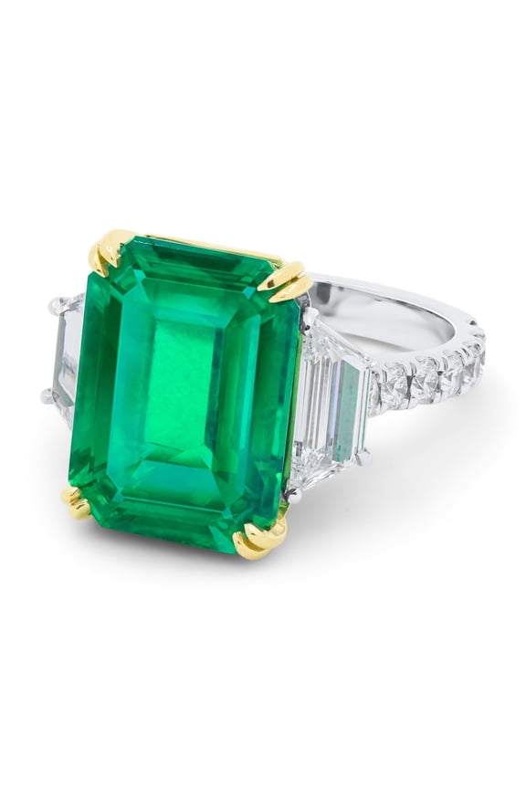 Platinum And 18 Kt Yellow Gold Emerald And Diamond Ring Featuring A 12.53Ct Emerald (F1/F2- With 1.60 Cts Tw Of Diamonds With Step Cut Trapezoid In A Halo Setting