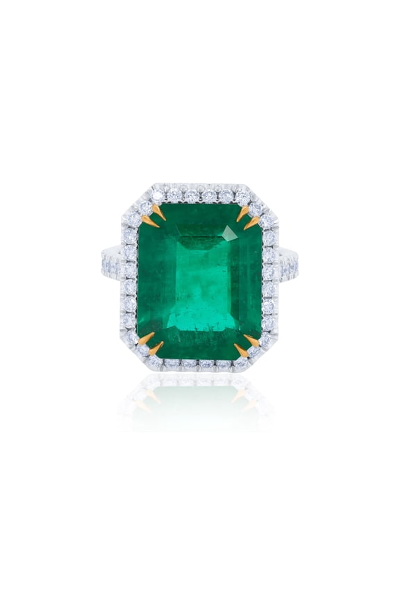 Platinum And 18 Kt Yellow Gold Emerald Diamond Ring Featuring A 9.11 Ct Green Emerald With 1.50 Cts Tw Of Micropave Round Diamonds Around In A Halo Setting