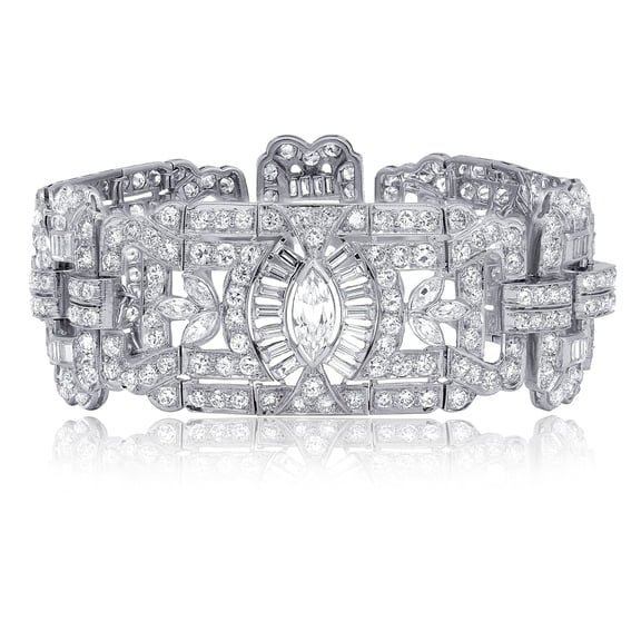 Diana M Platinum Art Deco Diamond Fashion Bracelet Featuring 23.00 Cts Of Marquise, Baguette, And Round Diamonds