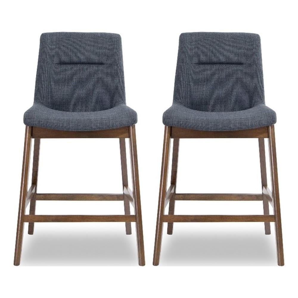 Dark Gray Fabric Upholstered Counter Stools with Solid Wood Legs, Set of 2