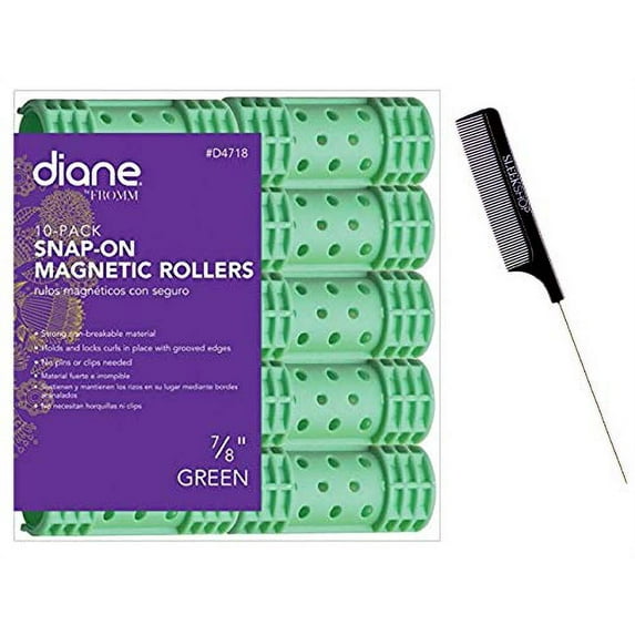 Diane by FROMM Magnetic Rollers, Original or Snap-On Hair Perm Rollers (w/Sleek Comb) Hold & Lock Curls, Professional Quality (GREEN (SNAP-ON) - 7/8" (10-Pack) #4718)