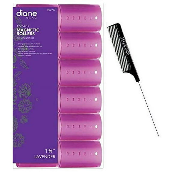 Diane by FROMM Magnetic Rollers, Original or Snap-On Hair Perm Rollers (w/Sleek Comb) Hold & Lock Curls, Professional Quality (LAVENDER - 1 3/4" (12 Pack) D2723)