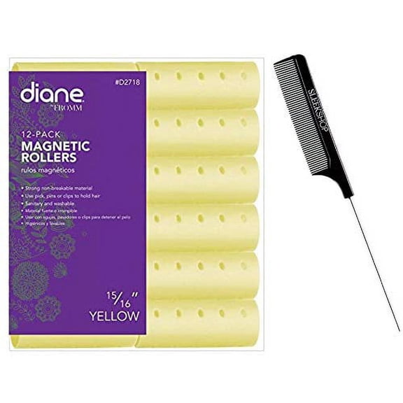Diane by FROMM Magnetic Rollers, Original or Snap-On Hair Perm Rollers (w/Sleek Comb) Hold & Lock Curls, Professional Quality (YELLOW - 15/16" (12 Pack) #D2718)