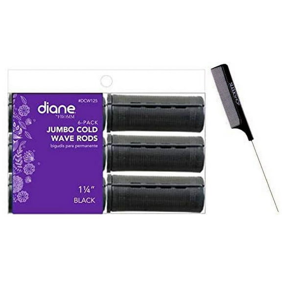 Diane by FROMM Cold Wave Rods, Perm Hair Rods (w/Sleek Comb) Extra-wide slots with Rubber Band (BLACK - 1 1/4" (6 pc))