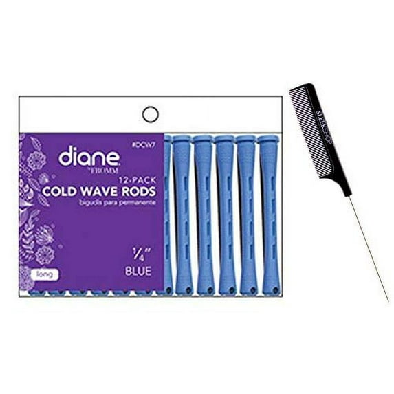 Diane by FROMM Cold Wave Rods, Perm Hair Rods (w/Sleek Comb) Extra-wide slots with Rubber Band (BLUE - 1/4" (12 pc))