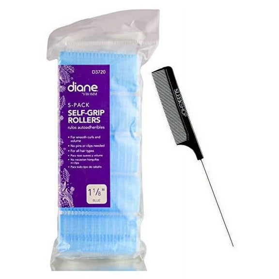 Diane by FROMM Self-Grip Rollers, Hair Perm Vent Rollers (w/Sleek Comb) Hold & Lock Curls, Professional Quality (BLUE - 1 1/8" (5 pack))
