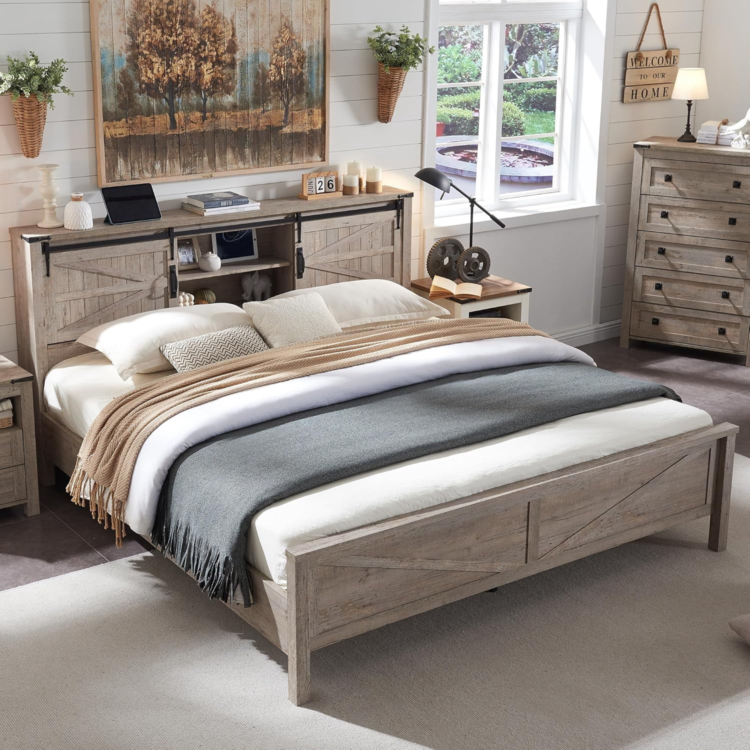 Dianfeng Farmhouse Queen Size Bed Frame with Headboard, Sliding Barn ...
