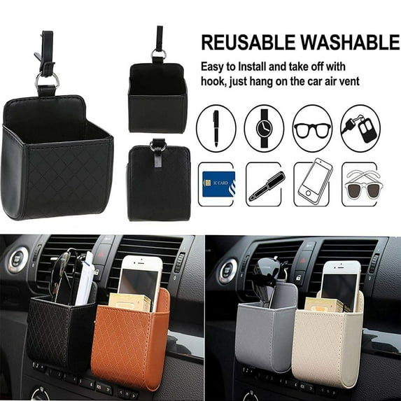 Dianli 2 Pack Car Storage Organizer Multifunctional Hanging Bag Phone Pocket Vent Pouch Leather Non Slip Handy Holder for Car Accessories Wallet Keys Glasses Black Beige Gray Brown