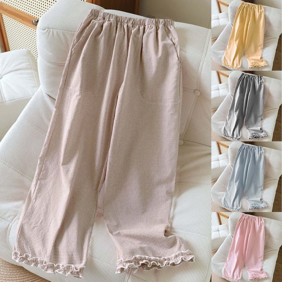 Dianli 2PC Women Plaid Elastic Waist Long Pants Comfortable Home Lounge Sleepwear Soft Breathable Blend Relaxed Fit Pocketed Casual Pajama Bottoms Easy Care