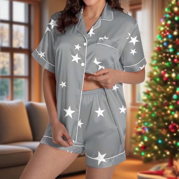 Dianli 2PC Women Stand Up Collar Pocket Short Sleeve Pajama Set Button Front Top With Elastic Waist Shorts Lightweight Breathable Rayon Blend Lounge Sleepwear Home Comfort Relaxed Fit Soft Easy Care