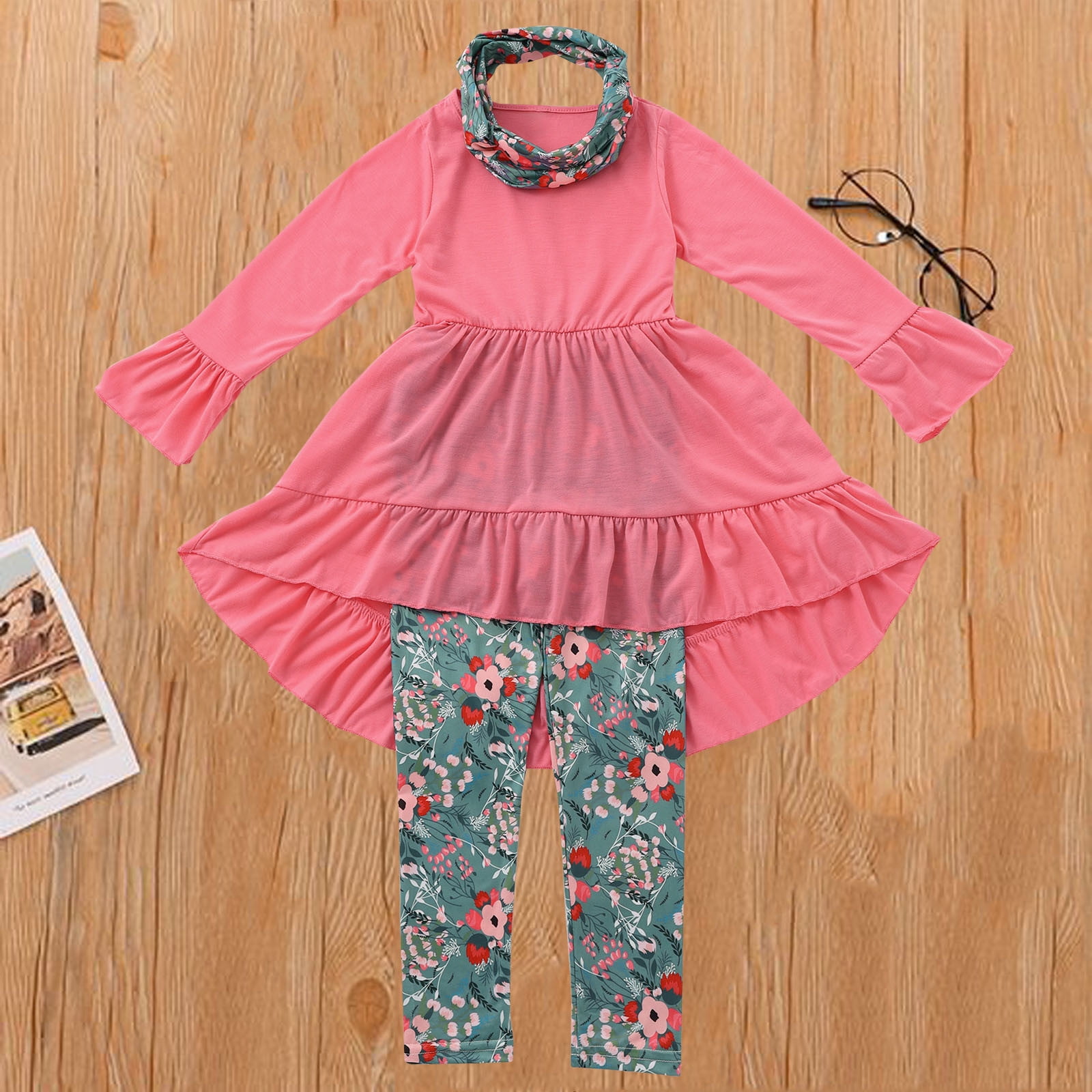 Girls Lavender 3 Piece Outfit Set Long Sleeve Shirt Sleeveless Top Ruffle Shorts Skirt Summer Set main image 0