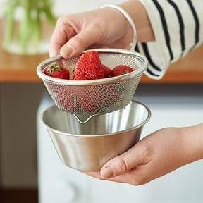 Dianli 304 Stainless Steel Mini Colander Mixing Bowl Set Small Mesh Strainer and Drain Basket for Berries Beans Rice Vegetable Fruit Dishwasher Safe Perforated 2-Piece Set