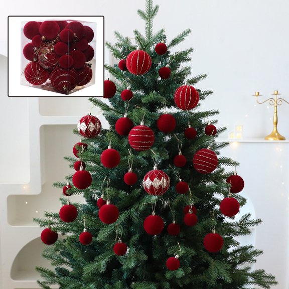 Dianli 36-Piece Flocked Christmas Ball Ornament Set with Metal Buckle Hanging Ropes for Holiday Tree Decorations Home Festive Party Decoration