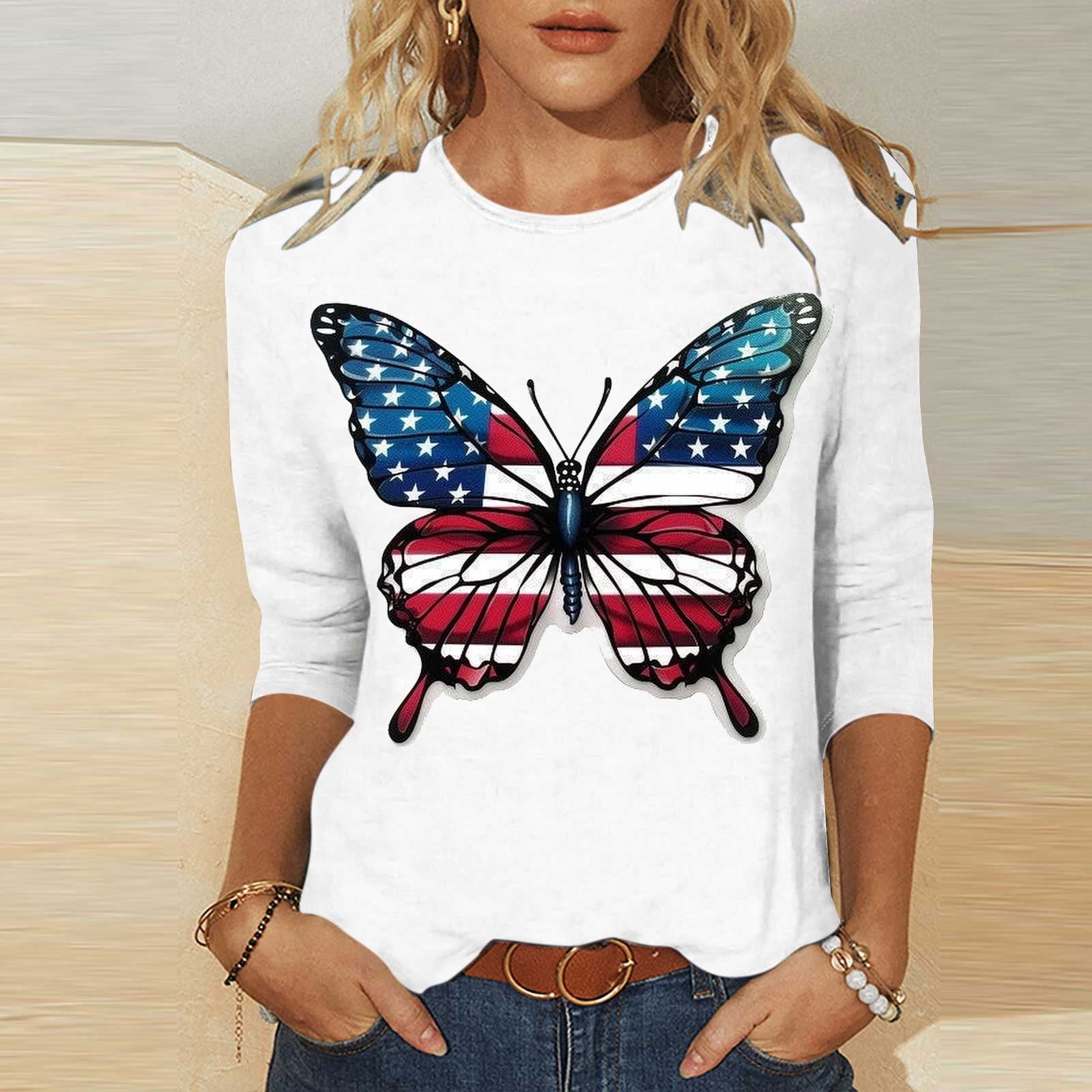 CARCOS Women's Plus Size American Flag Top - Round Neck Keyhole, 3/4 Sleeve Tunic