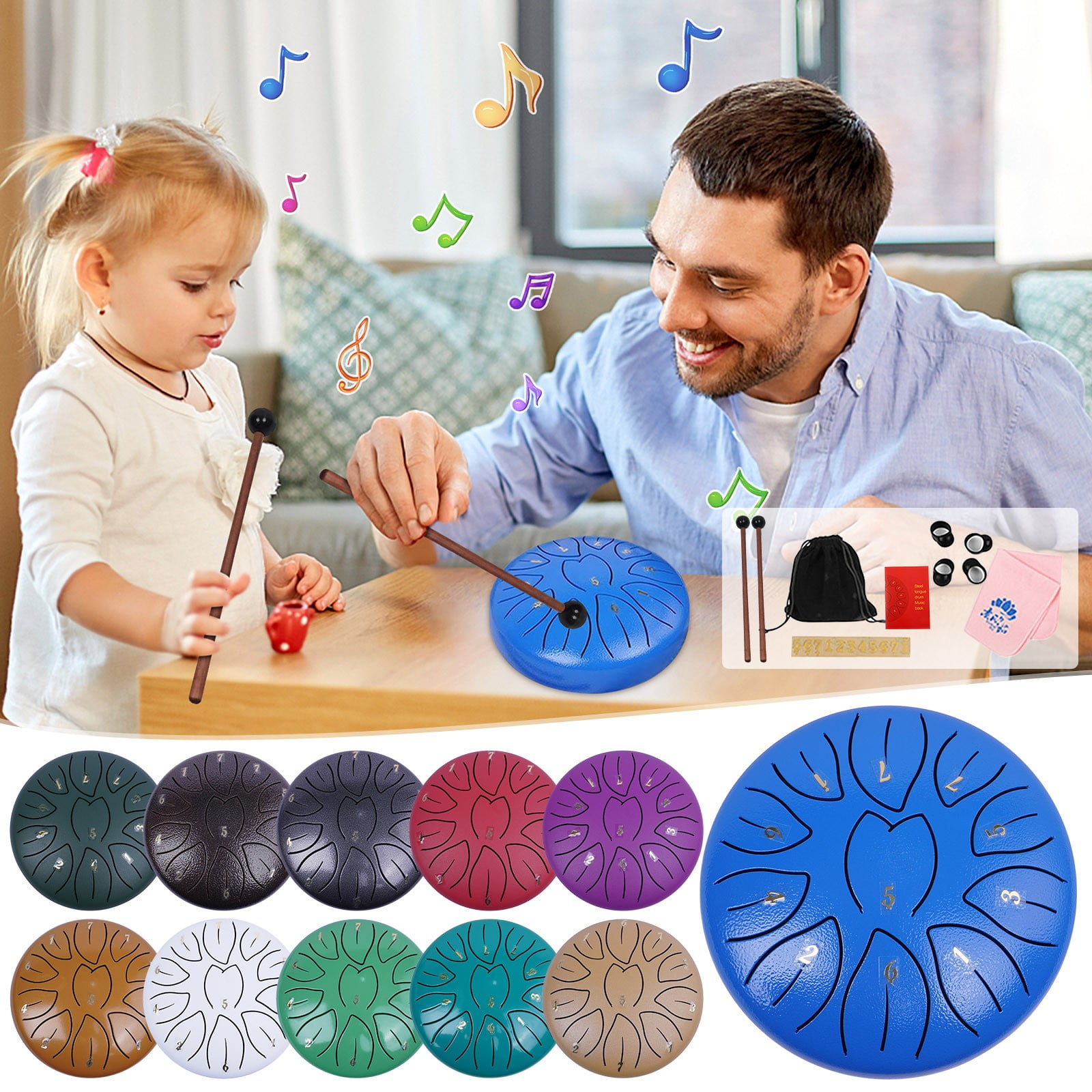 Dianli 6in 11‑Note Steel Tongue Rain Drum Handpan With Leaf Design, Portable Percussion Instrument For Children Beginners Classroom Music Therapy Camping And Outdoor Performances