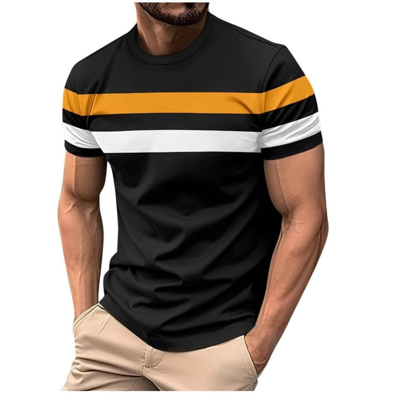Dianli Active Casual Men's Round Neck Patchwork Pullover Short Sleeve T-Shirt Color-Block Athletic-Fit Breathable Moisture-Wicking Top for Fitness Travel Everyday Fitness